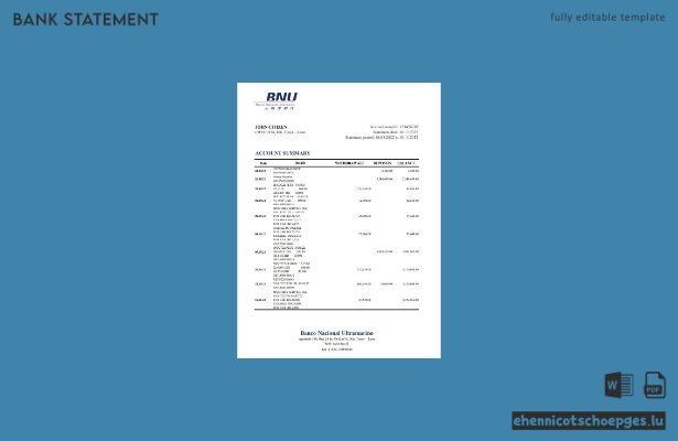 Timor-Leste BNU-Bankauszug (Excel-Beispielvorschau)